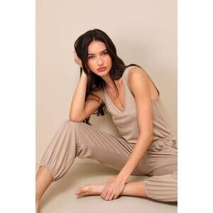Lulus Born To Lounge Taupe Terry Knit Sleeveless Lounge Jumpsuit - Size XS